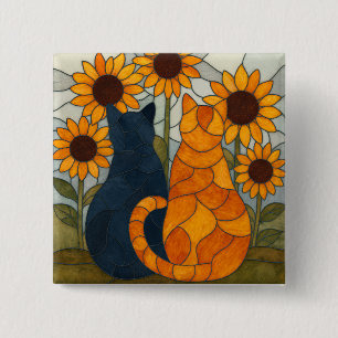 Stained Glass Cats and Sunflowers Art Design 15 Cm Square Badge