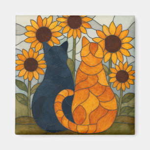 Stained Glass Cats and Sunflowers Art Design Magnet