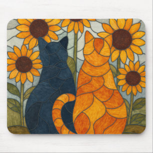 Stained Glass Cats and Sunflowers Art Design Mouse Pad