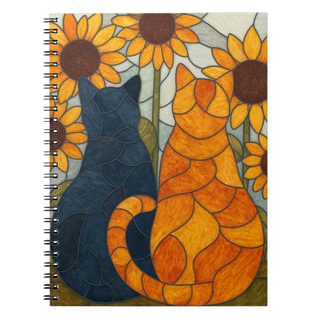 Stained Glass Cats and Sunflowers Art Design Notebook (Front)