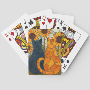 Stained Glass Cats and Sunflowers Art Design Playing Cards