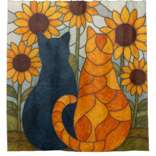 Stained Glass Cats and Sunflowers Art Design Shower Curtain