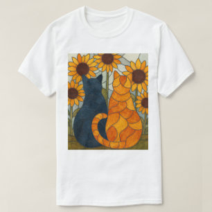 Stained Glass Cats and Sunflowers Art Design T-Shirt