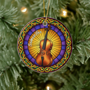 Stained Glass Cello Custom Name Christmas Ceramic Tree Decoration
