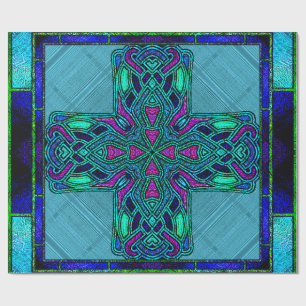 Stained Glass Celtic Cross in Blue and Aqua Wrapping Paper