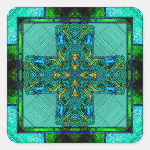 Stained Glass Celtic Cross in Gold and Green Square Sticker