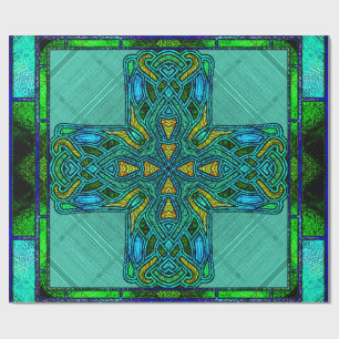 Stained Glass Celtic Cross in Gold and Green Wrapping Paper
