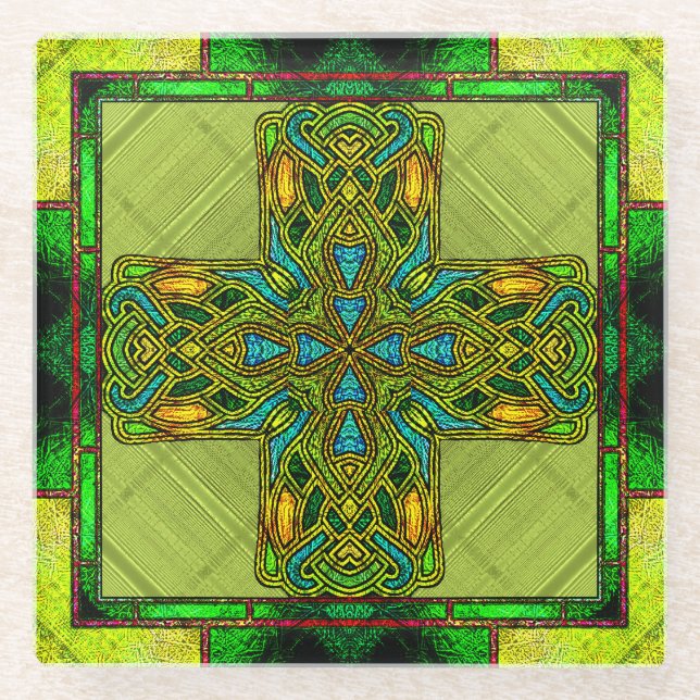Stained Glass Celtic Cross in Lime Green an Gold Coaster (Front)