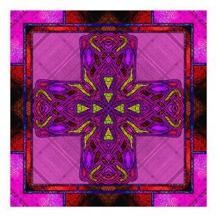Stained Glass Celtic Cross in Pink and Purple Photo Print