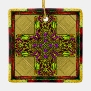 Stained Glass Celtic Cross in Red and Gold Ceramic Ornament