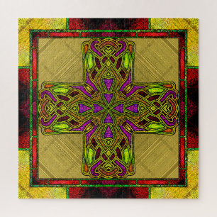 Stained Glass Celtic Cross in Red and Gold Jigsaw Puzzle