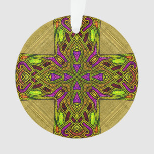 Stained Glass Celtic Cross in Red and Gold Ornament