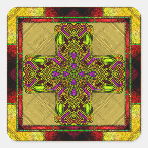 Stained Glass Celtic Cross in Red and Gold  Square Sticker