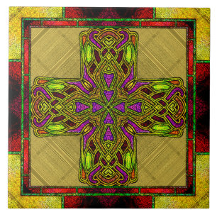 Stained Glass Celtic Cross in Red and Gold  Tile
