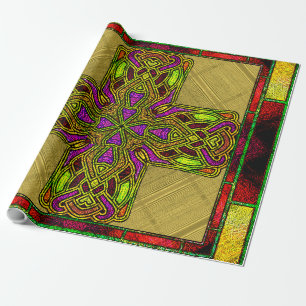 Stained Glass Celtic Cross in Red and Gold Wrapping Paper