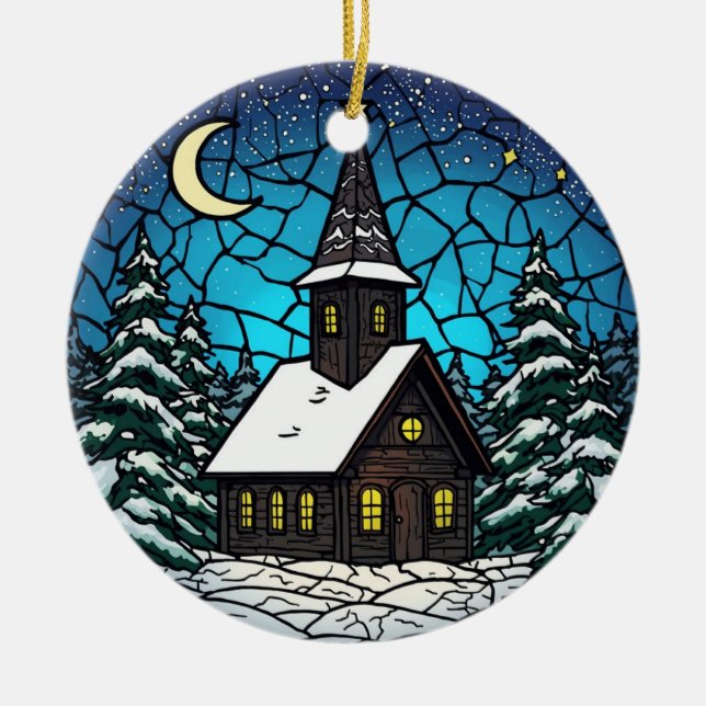 Stained Glass Chapel Winter Night Ceramic Tree Decoration (Front)