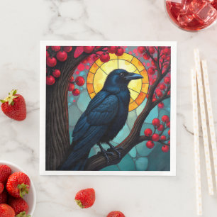Stained Glass Cherry Tree Ravens-Crows Napkin