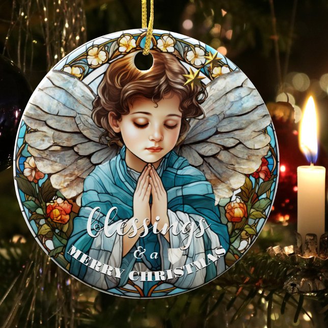 Stained Glass Christmas Angel Blessings Ceramic Tree Decoration (Christmas ornament featuring a stained glass design with a praying angel)