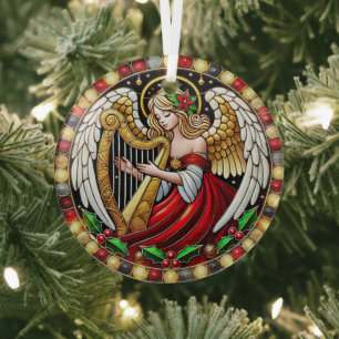 Stained Glass Christmas Angel playing a harp Tree Decoration