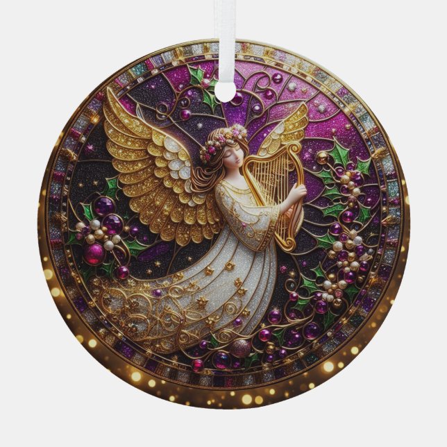 Stained Glass Christmas Angel with Golden Harp Tree Decoration (Back)
