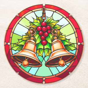 Stained Glass Christmas Bells with Holly Round Paper Coaster