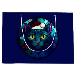 Stained-Glass Christmas Black Cat In Red Hat Large Gift Bag