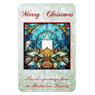 Stained Glass Christmas Candle Holly Green Glitter Magnet