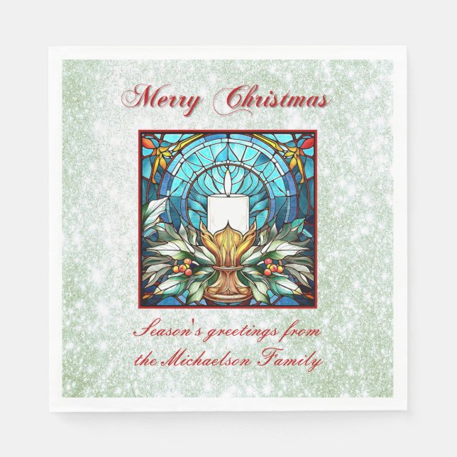 Stained Glass Christmas Candle Holly Green Glitter Napkin (Front)