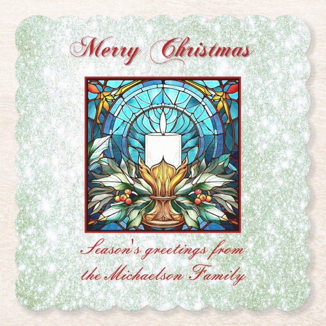 Stained Glass Christmas Candle Holly Green Glitter Paper Coaster (Front)