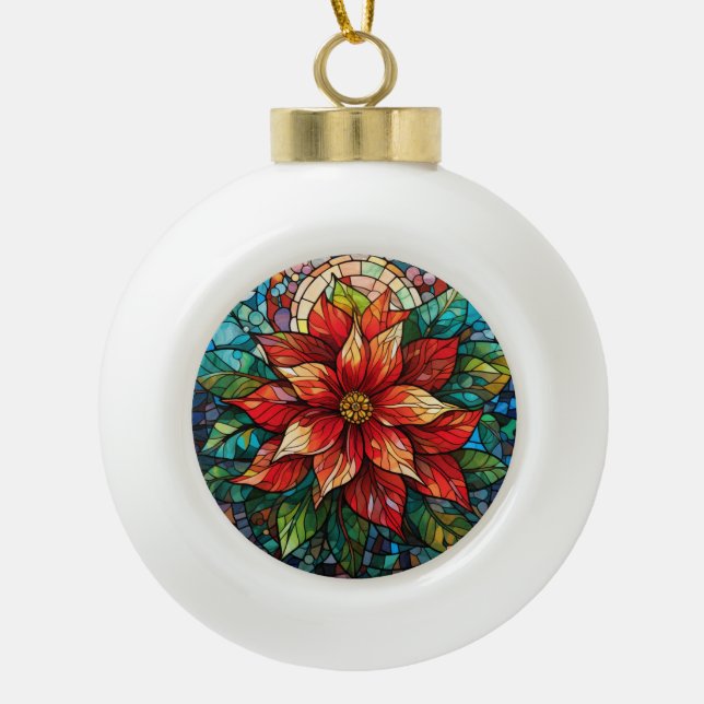 Stained Glass Christmas Flower red Poinsettia Ceramic Ball Christmas Ornament (Front)
