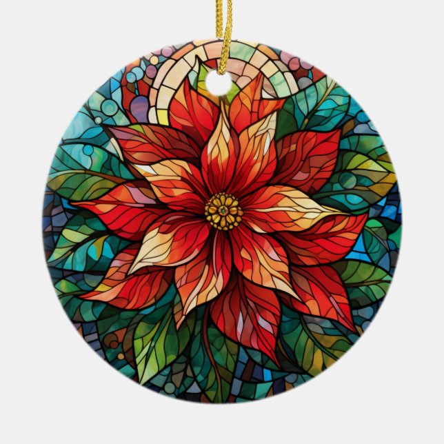 Stained Glass Christmas Flower red Poinsettia Ceramic Tree Decoration (Front)