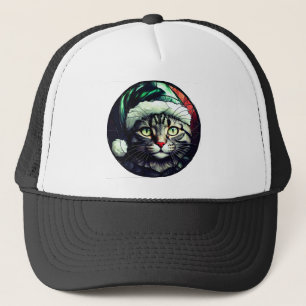 Stained-Glass Christmas Grey Tabby In Green Hat