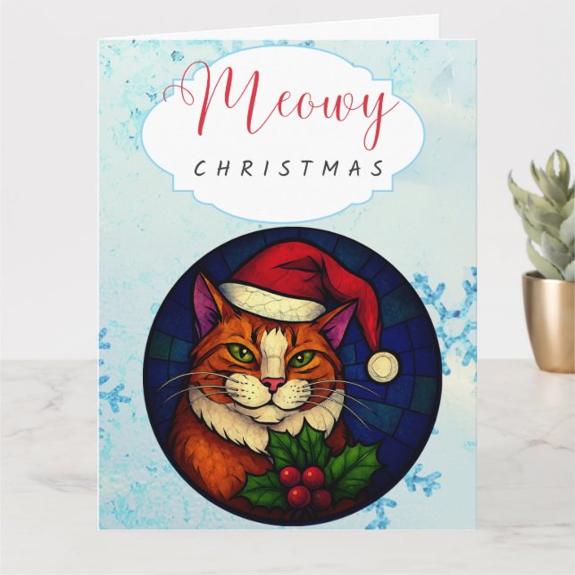 Stained-Glass Christmas Orange Tabby Cat Card (Small Plant)