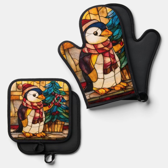 Stained Glass Christmas Penguin Oven Mitt & Pot Holder Set (Front/Back)