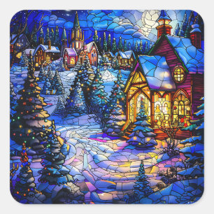Stained Glass Christmas Square Stickers