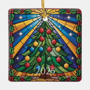 Stained Glass Christmas Tree Design Ceramic Ornament