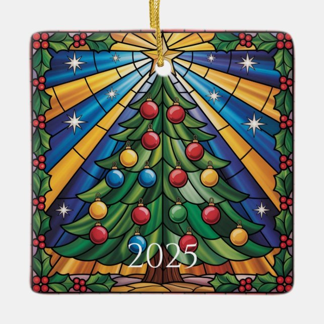 Stained Glass Christmas Tree Design Ceramic Ornament (Front)