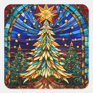 Stained Glass Christmas Tree Square Sticker