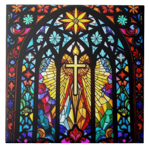 Stained Glass Church Cross Christian Faith Art Tile