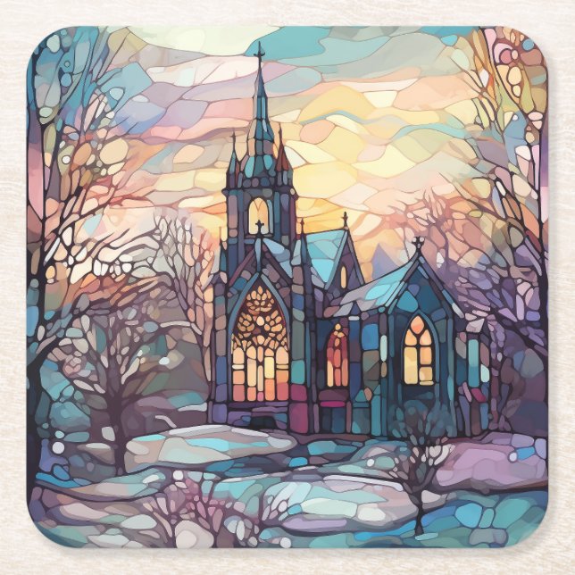 Stained Glass Church Paper Coaster (Front)