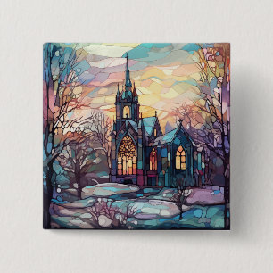 Stained Glass Church Square Button