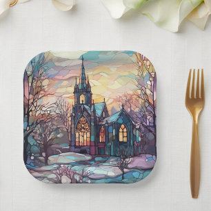 Stained Glass Church Square Paper Plates