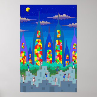 Stained-glass city on a starry night. poster