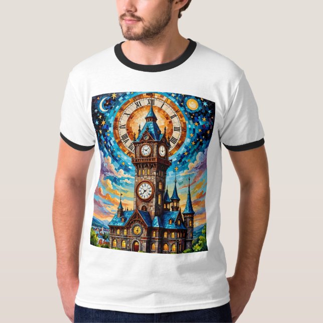 Stained Glass Clock Tower Fantasy Tshirt (Front)
