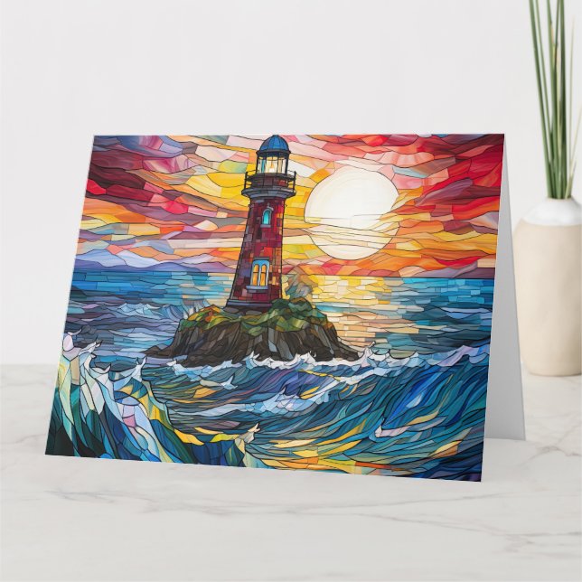 Stained Glass Coastal Lighthouse Art Thank You Card (Front)
