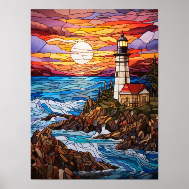 Stained Glass Coastal Lighthouse Sunset Poster (Front)