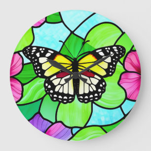 Stained Glass Colorful Butterfly  Large Clock