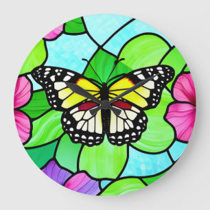 Stained Glass Colorful Butterfly  Large Clock