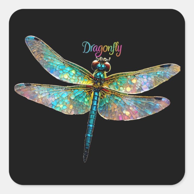 Stained Glass Colorful Dragonfly Square Sticker (Front)
