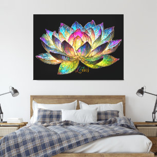 Stained Glass Colorful Lotus Flower on Black Canvas Print